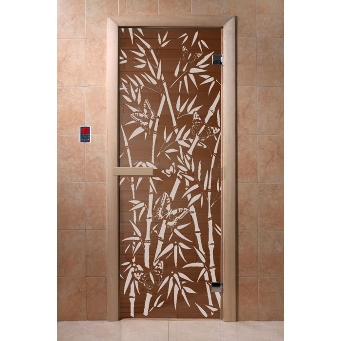 Дверь «Бамбук и бабочки», размер коробки 190 × 70 см, 6 мм, 2 петли, левая, цвет бронза