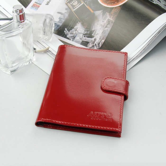 Обложка для автодокументов на кнопке, отдел для купюр, красный глянцевый