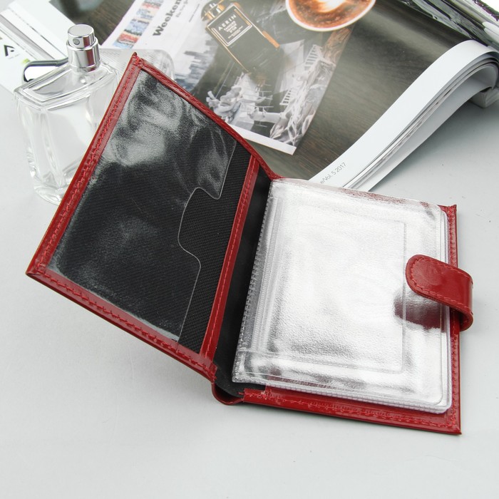 Обложка для автодокументов на кнопке, отдел для купюр, красный глянцевый