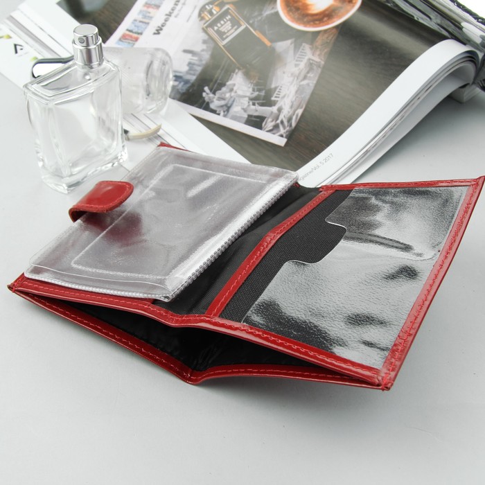 Обложка для автодокументов на кнопке, отдел для купюр, красный глянцевый