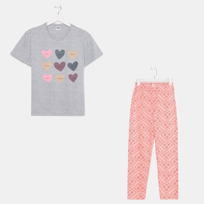 фото Комплект (футболка/брюки) женский, серый/розовый, размер 48 ohana market