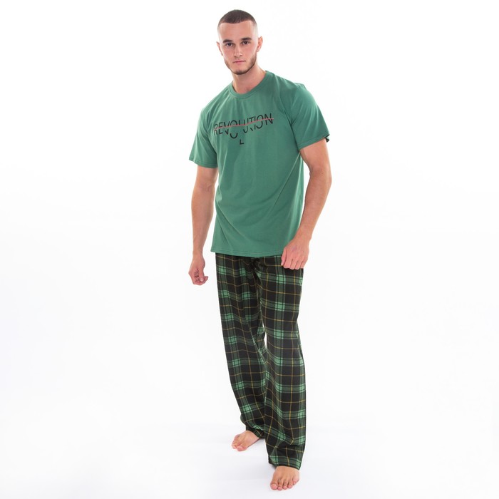 фото Комплект (футболка/брюки) мужской, цвет зеленый/клетка, размер 48 ohana market