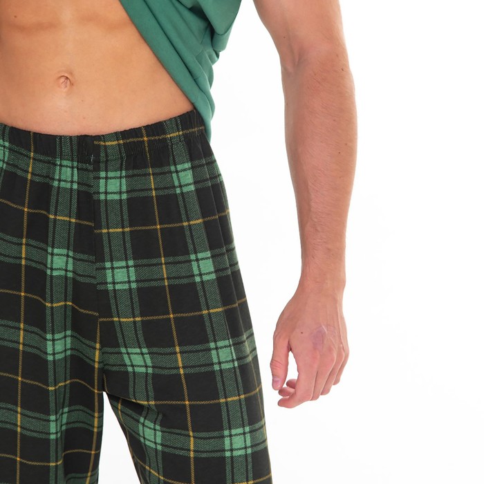 Комплект (футболка/брюки) мужской, цвет зелёный/клетка, размер 48