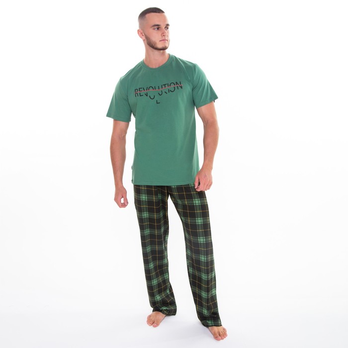Комплект (футболка/брюки) мужской, цвет зелёный/клетка, размер 52