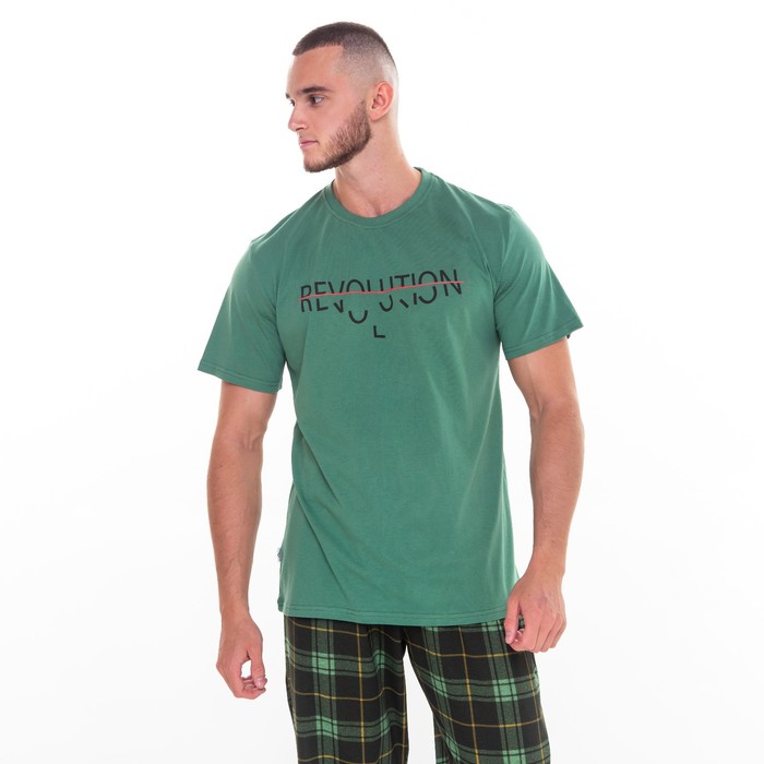 Комплект (футболка/брюки) мужской, цвет зелёный/клетка, размер 54