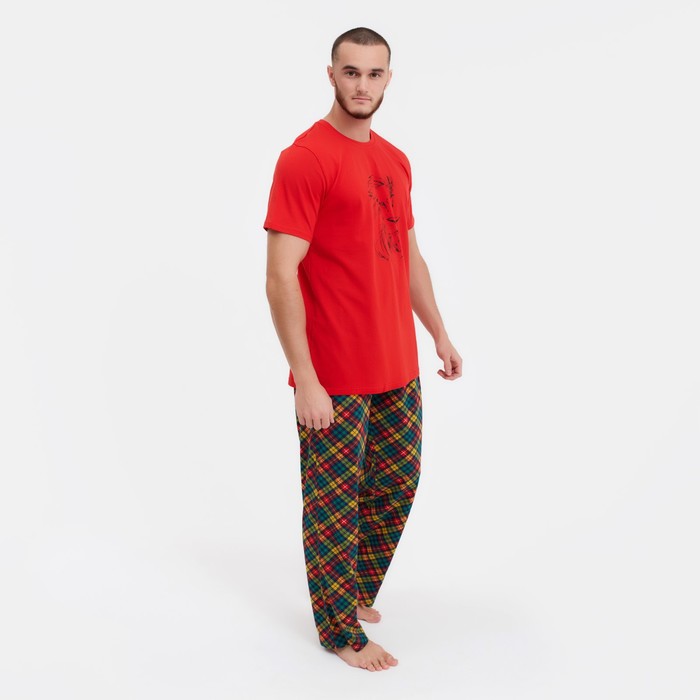 Комплект (футболка/брюки) мужской, цвет красный/клетка, размер 48 комплект футболка брюки мужской цвет зеленый клетка размер 54