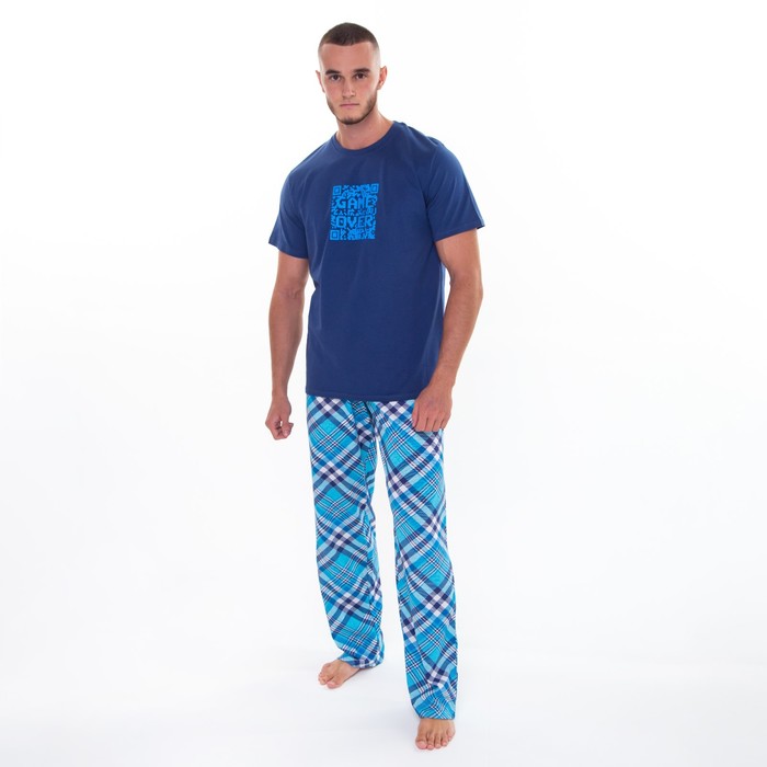 Пижама мужская (футб/брюки), цвет синий/клетка, р-р 46