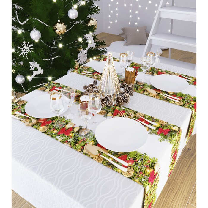фото Дорожка на стол «рождественский венок», размер 140x40 см сирень