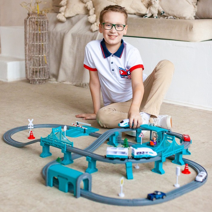 Большая игрушечная железная дорога «Мой город», 104 предмета, бирюзовая