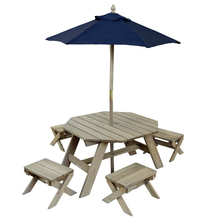 фото Детская садовая мебель, 4 скамьи, стол-пикник, зонт, бежево-коричневый kidkraft