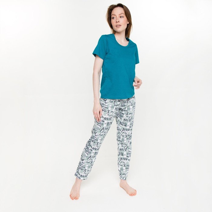 Комплект женский (футболка, брюки), цвет бирюзовый, размер 44