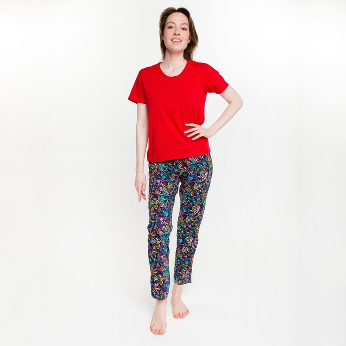 Футболка и брюки женские, цвет красный/бабочки, размер 44