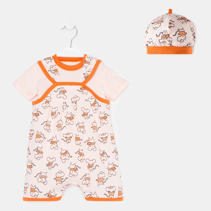 фото Комплект (чепчик/боди/футболка) детский детская а.op474, цвет персиковый/мышки, рост 68 bonito