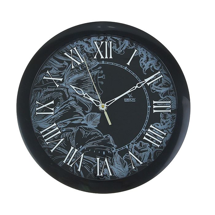 Часы настенные круглые "Цветы и листья", d=30 см, чёрные