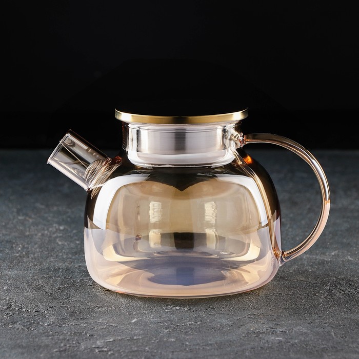 чайник стеклянный заварочный доляна волна 1 5 л с металлическим ситом цвет голубой Чайник стеклянный заварочный «Глори», 1 л, с металлическим ситом, цвет золотой