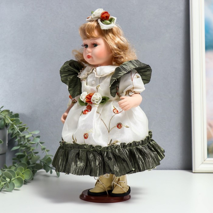 Кукла коллекционная керамика "Беатрис в атласном платье с розочками" 30 см