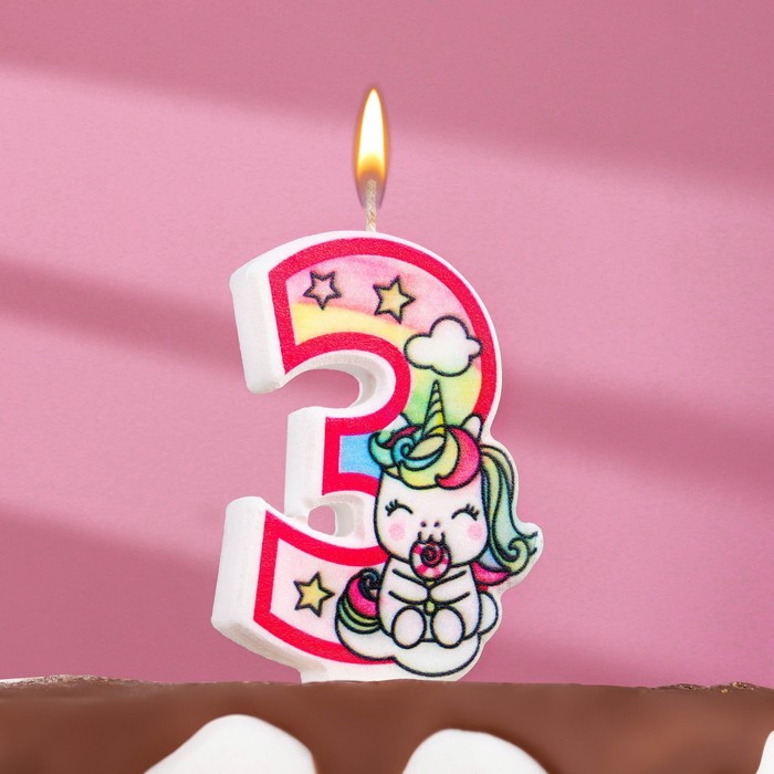 Свеча в торт Единорог с шариком, цифра 3, розовый, 6,5 см фотографии