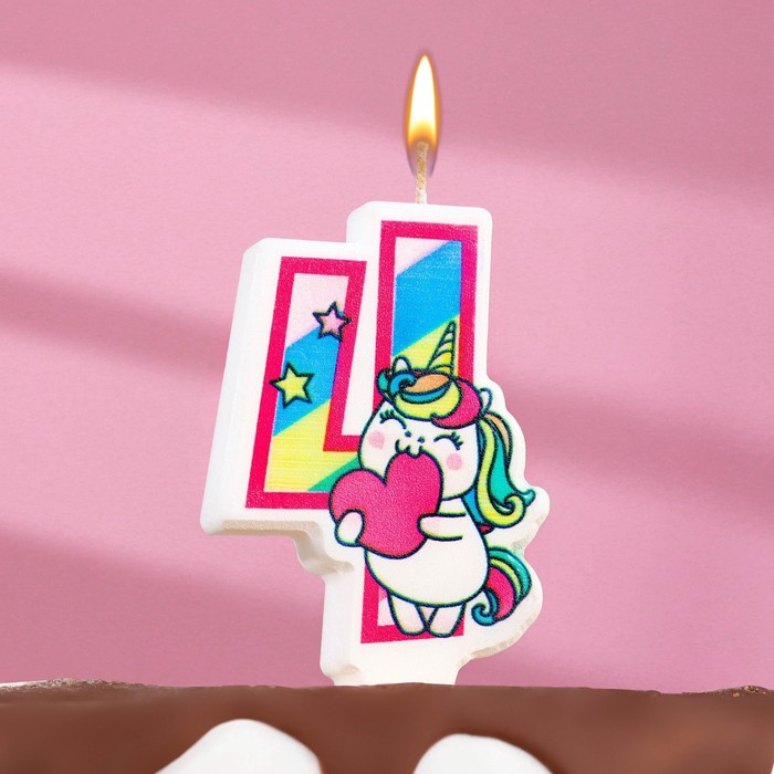Свеча в торт Единорог с шариком, цифра 4, розовый, 6,5 см фотографии