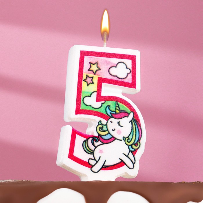 Свеча в торт Единорог с шариком, цифра 5, розовый, 6,5 см фотографии
