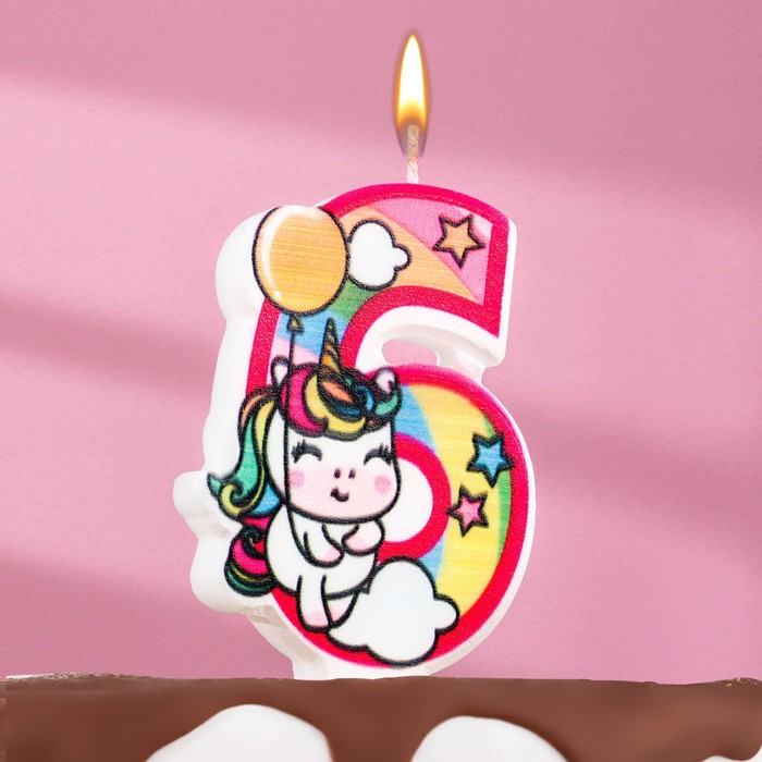 цена Свеча в торт Единорог с шариком, цифра 6, розовый, 6,5 см