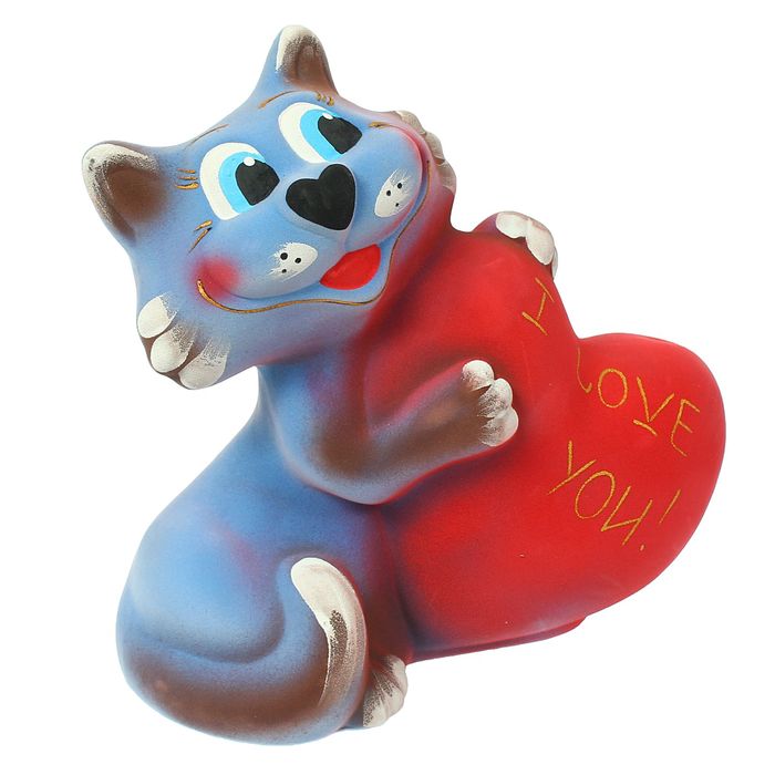 Копилка "Кот с сердечком" флок, васильковая