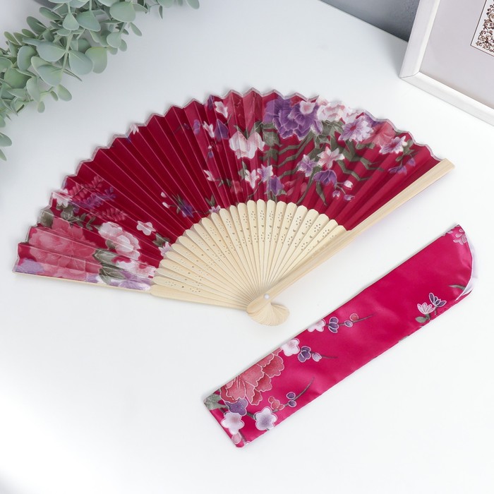 Веер бамбук, текстиль h=21 см "Цветы" с чехлом, бордовый