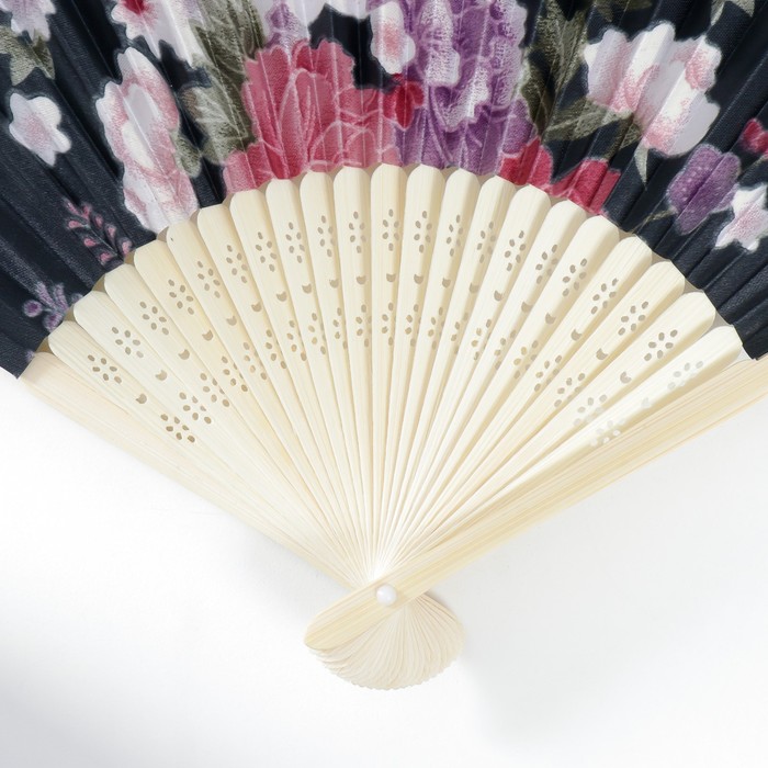 Веер бамбук, текстиль h=21 см "Цветы" с чехлом, чёрный