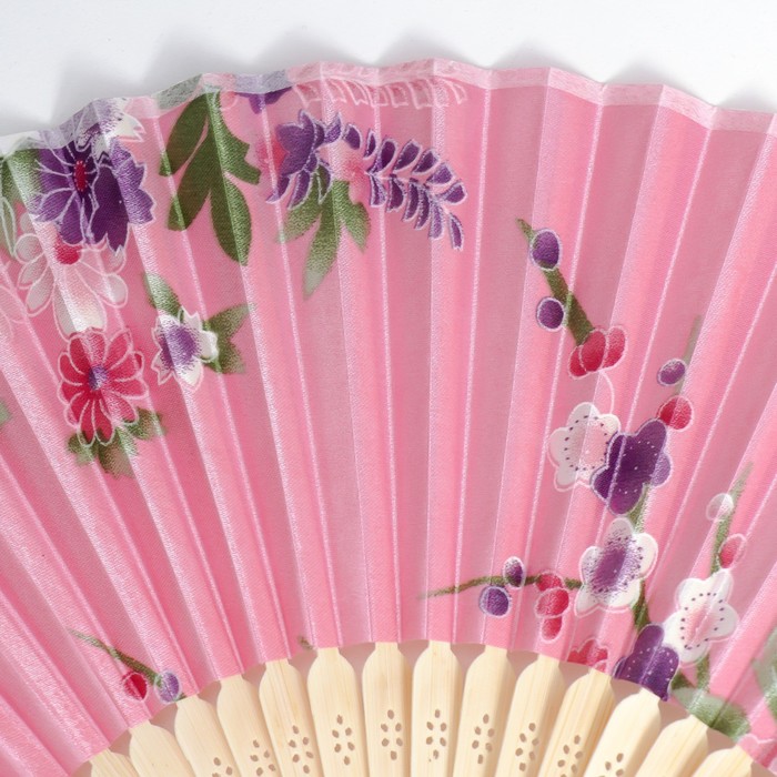 Веер бамбук, текстиль h=21 см "Цветы" с чехлом, розовый