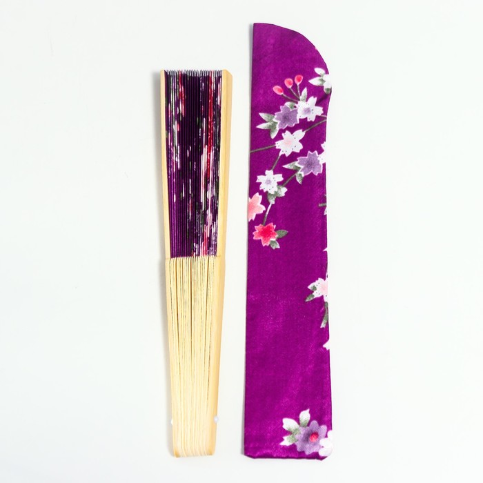 Веер бамбук, текстиль h=21 см "Цветы" с чехлом, фиолетовый