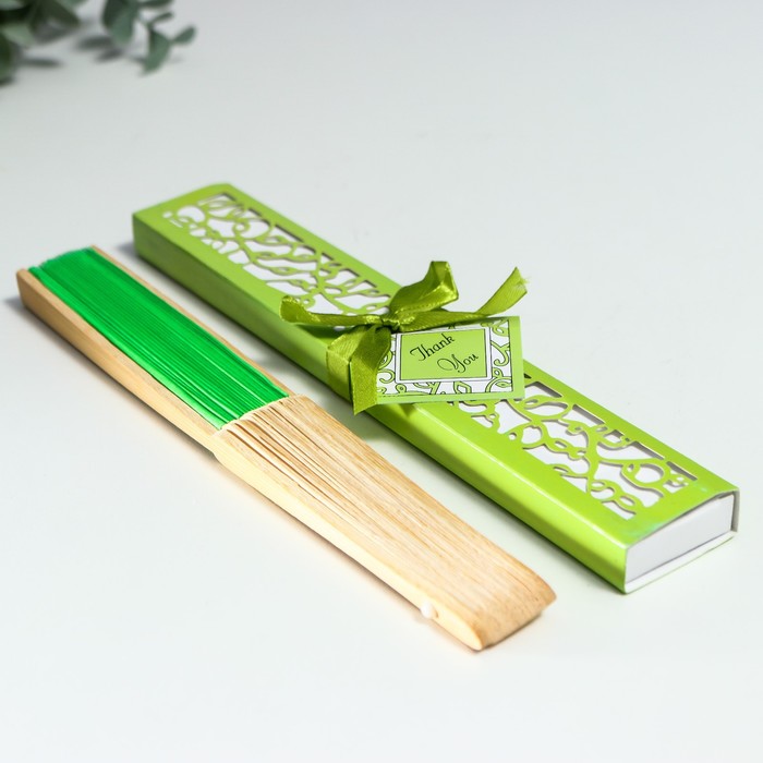 Веер бамбук, текстиль h=21 см "Моноцвет" в коробке, зелёный