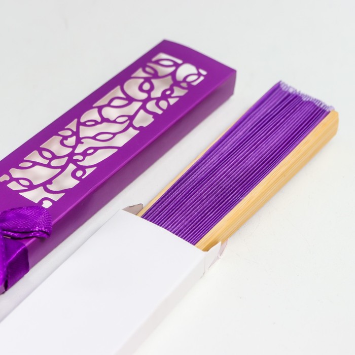 Веер бамбук, текстиль h=21 см "Моноцвет" в коробке, фиолетовый