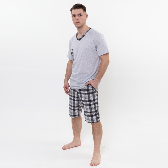 фото Комплект домашний мужской (футболка/шорты) oazis,серый/клетка, размер 58 руся