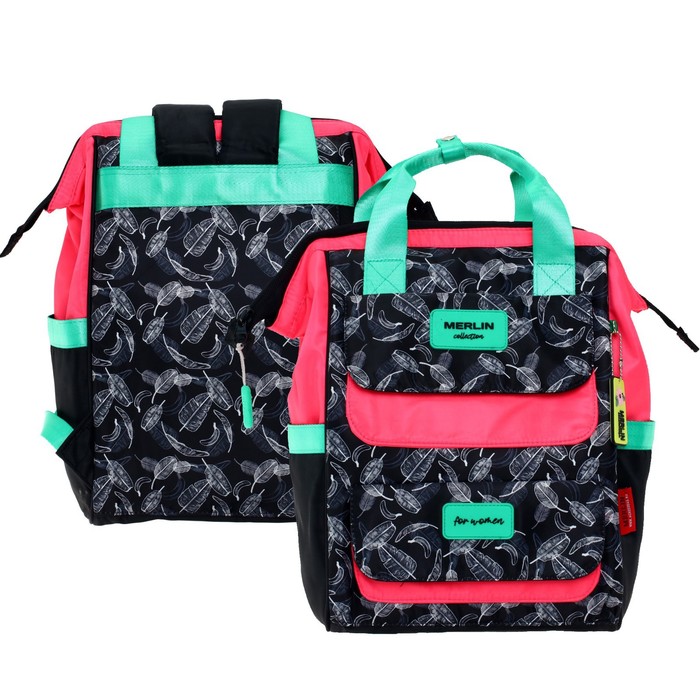 фото Сумка-рюкзак молодежная across merlin, 43 х 29 х 15 см, чёрный/розовый/зелёный