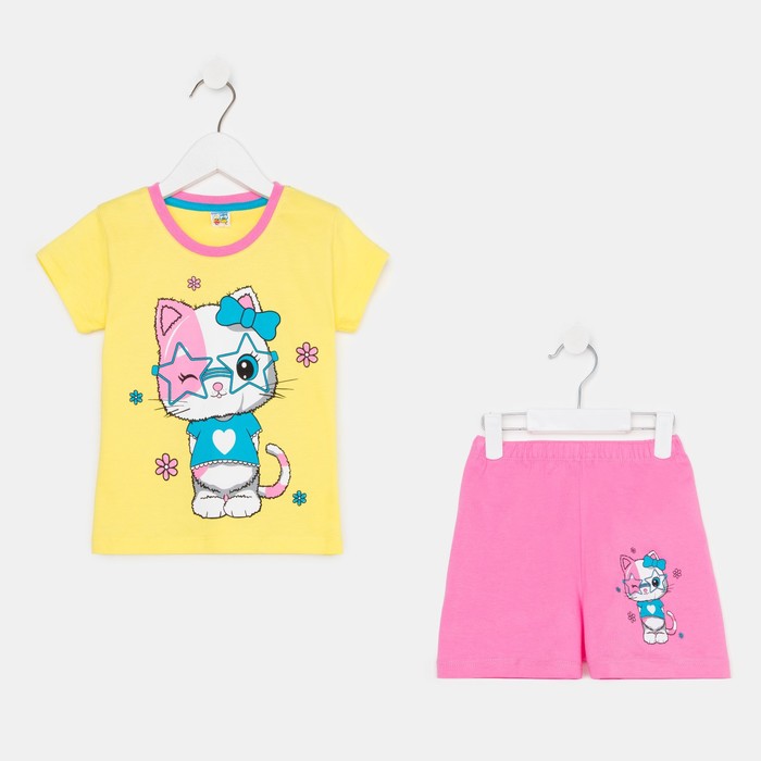 фото Комплект (футболка и шорты) для девочки, цвет желтый/розовый, рост 98 baby style