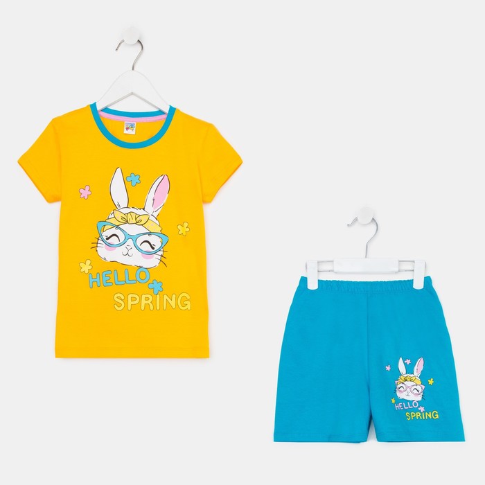 фото Комплект (футболка и шорты) для девочки, цвет горчичный/голубой, рост 92 baby style