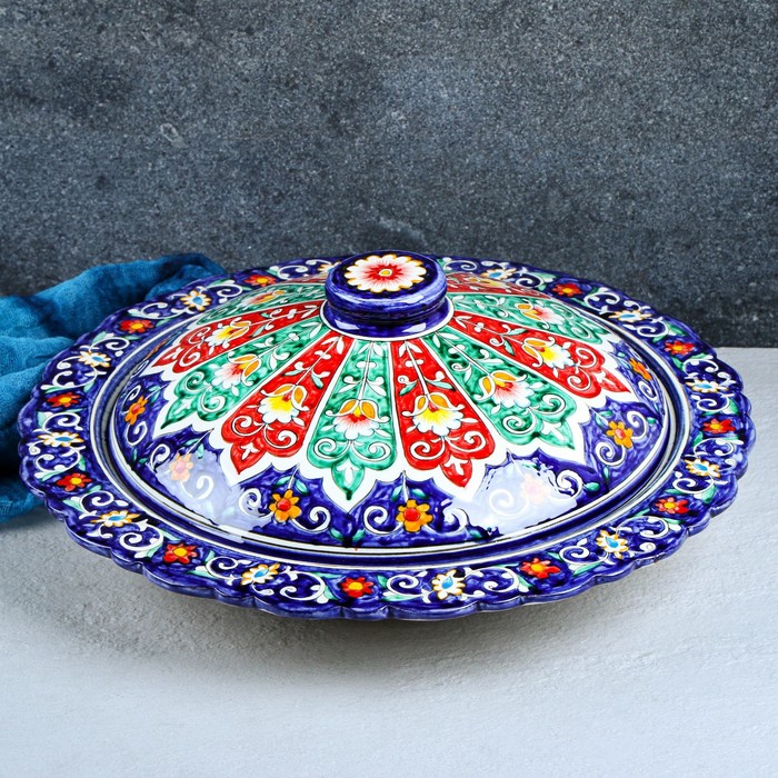 Блинница Риштанская Керамика Цветы, 37 см, под крышкой 28 см, синий