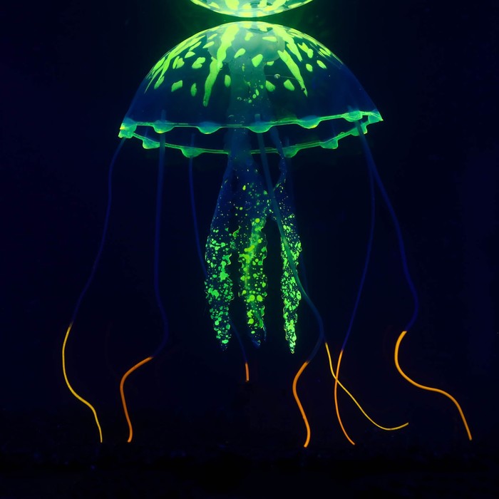 фото Декор для аквариума "медуза" силиконовая, с неоновым эффектом, 5 х 5 х 15 см, оранжевая пижон аква