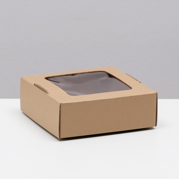коробка самосборная крафт бурая 25 х 25 х 12 см Коробка самосборная, с окном, крафт, бурая, 16 х 16 х 6 см