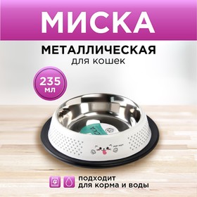 Миска металлическая для кошки с нескользящим основанием «Мур-мур!», 235 мл, 15х3.5 см