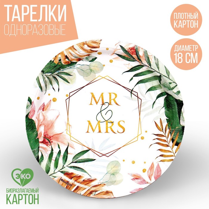 Тарелка одноразовая бумажная MR&MRS, набор 6 шт, 18 см тарелка бумажная mr