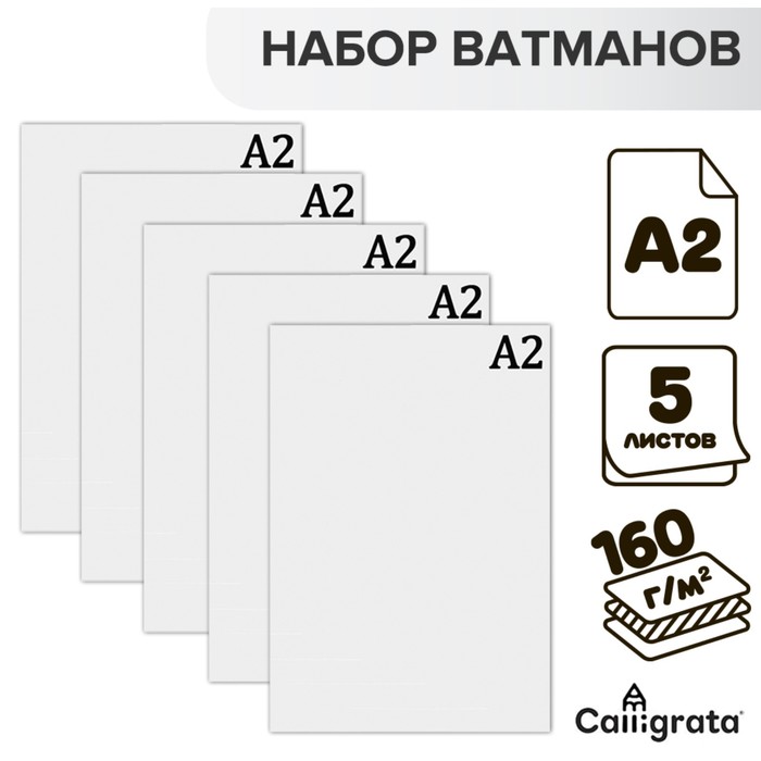 фото Набор 5 листов ватман чертёжный а2, 160 г/м2 кпк