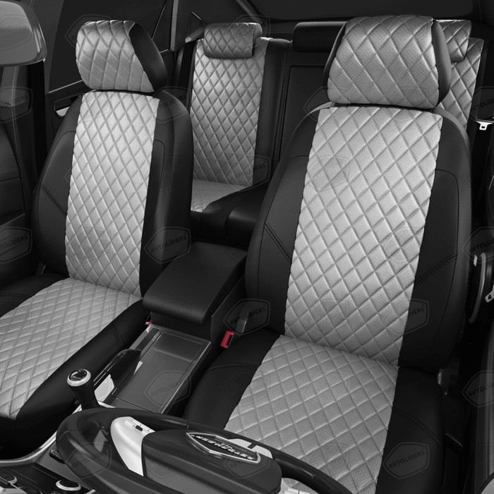 фото Авточехлы для renault duster 1 с 2015-2021 г., джип, перфорация, экокожа, цвет светло-серый, чёрный автолидер №1