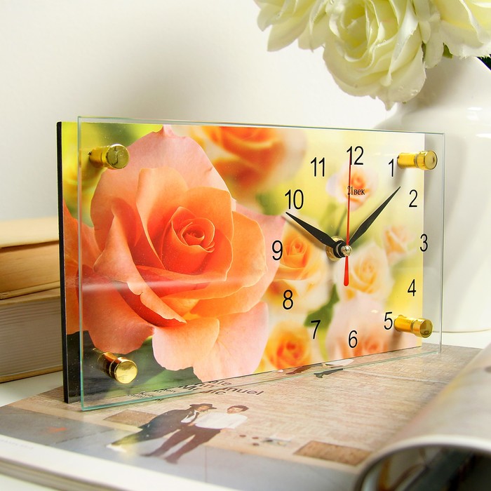 Часы настольные прямоугольные "Розы" 13х23 см микс