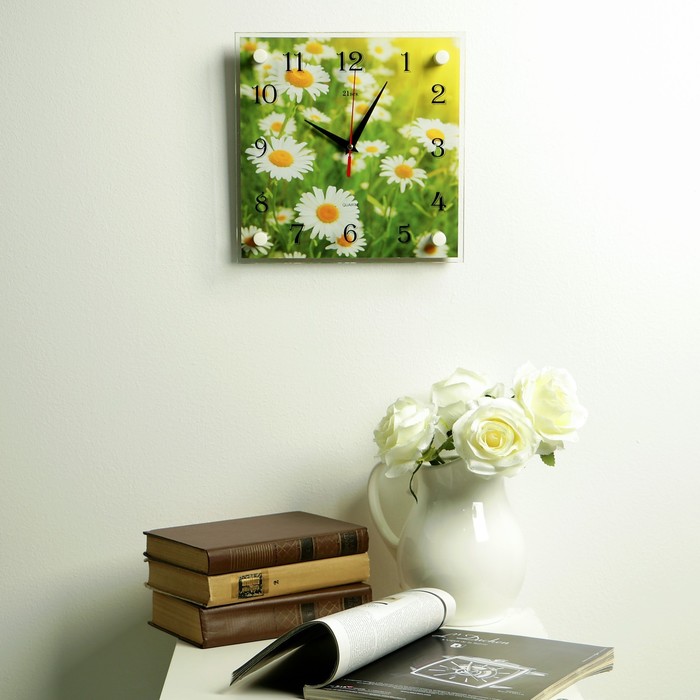 Часы настенные квадратные "Ромашки" стекло 25х25 см микс