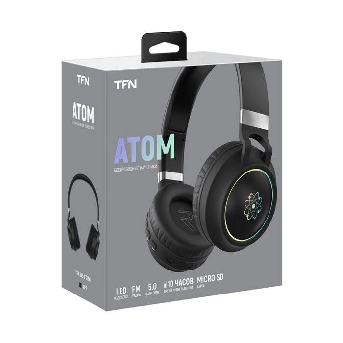Наушники TFN Atom, беспроводные, накладные, микрофон, FM, microSD, 300мАч, подсветка, черные