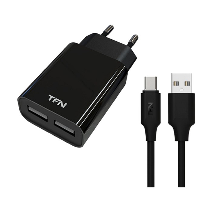 фото Сетевое зарядное устройство tfn rapid, 2 usb - 2.4 а, кабель microusb 1 м, черное