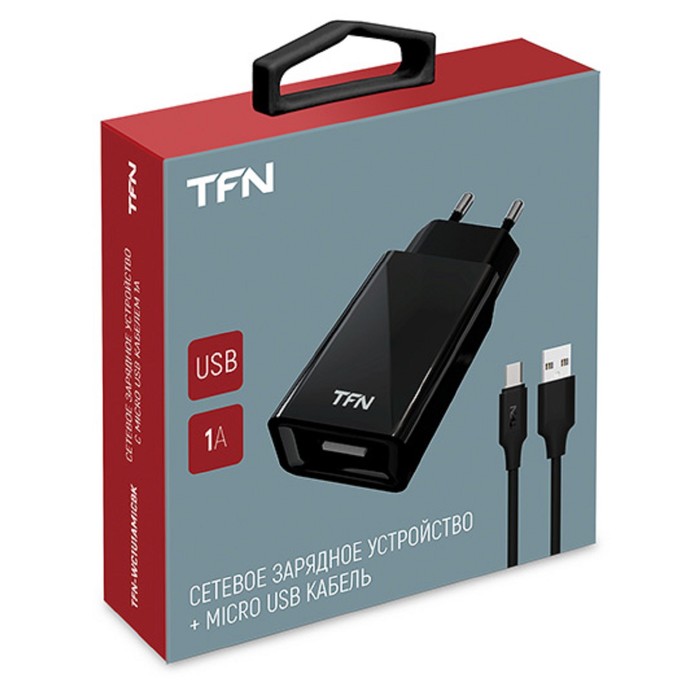 

Сетевое зарядное устройство TFN, USB - 1 А, кабель microUSB 1 м, черное
