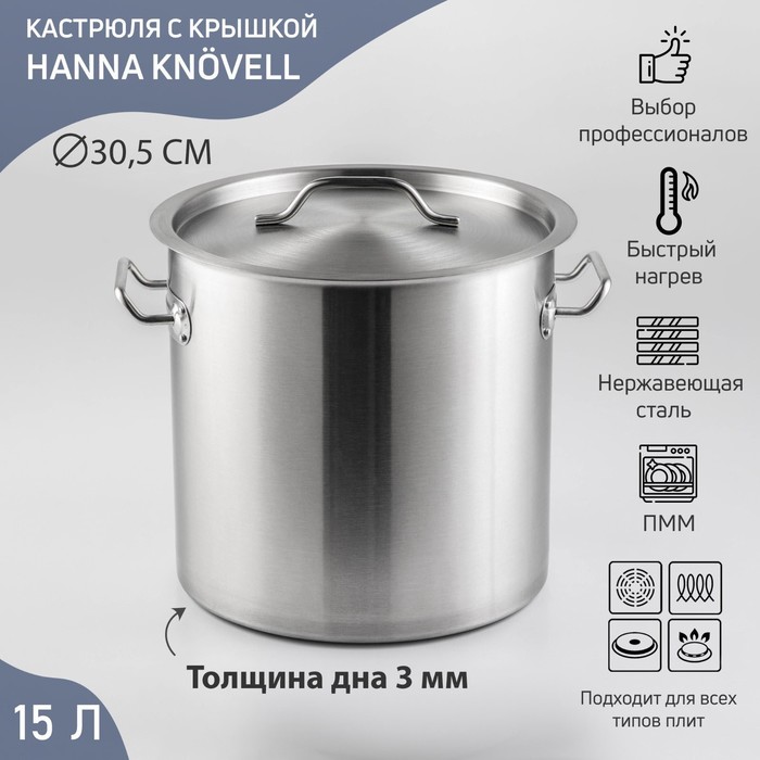 Кастрюля 17 л HoReCa, толщина 0,8 мм, 201 сталь, дно 3 мм, с крышкой, ТРС, индукция