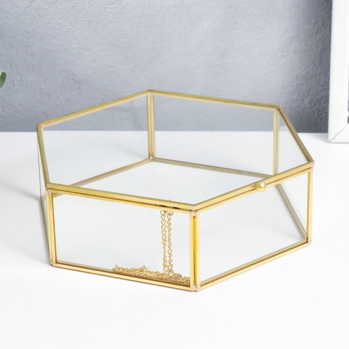 Шкатулка стекло с металлическим каркасом "Гексагон с гранями" золото 6х17х20 см