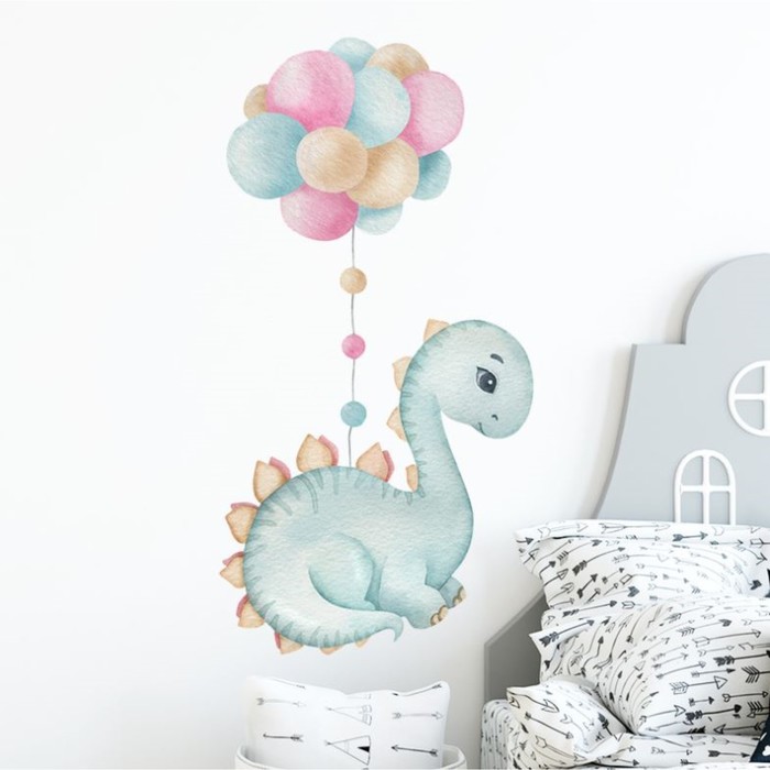 Наклейка пластик интерьерная цветная Динозаврик голубой с воздушными шарами 30х60 см